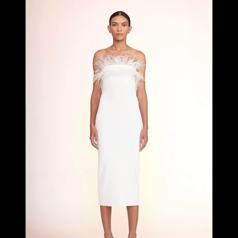 Elegant White Feather-Trimmed Dress. The Nellie dress by STAUD.